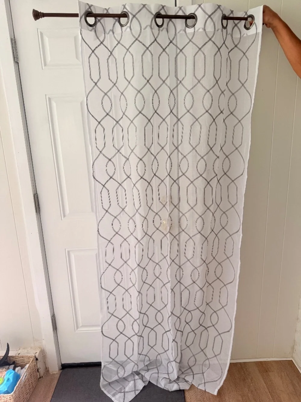 White Sheer Grommet Curtain Panel with grey Trellis Pattern